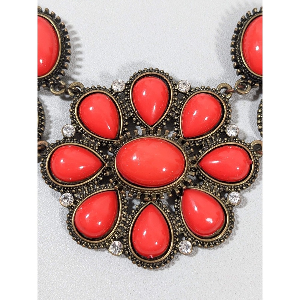 Red Orange Cabochon Statement Necklace Bronze Tone Boho Western Bib 21" - Picture 3 of 9